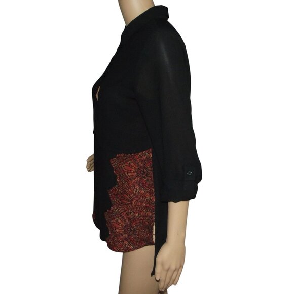 Cato Tunic Blouse Womens Small black burnt orange print semi sheer long sleeve - Picture 7 of 14